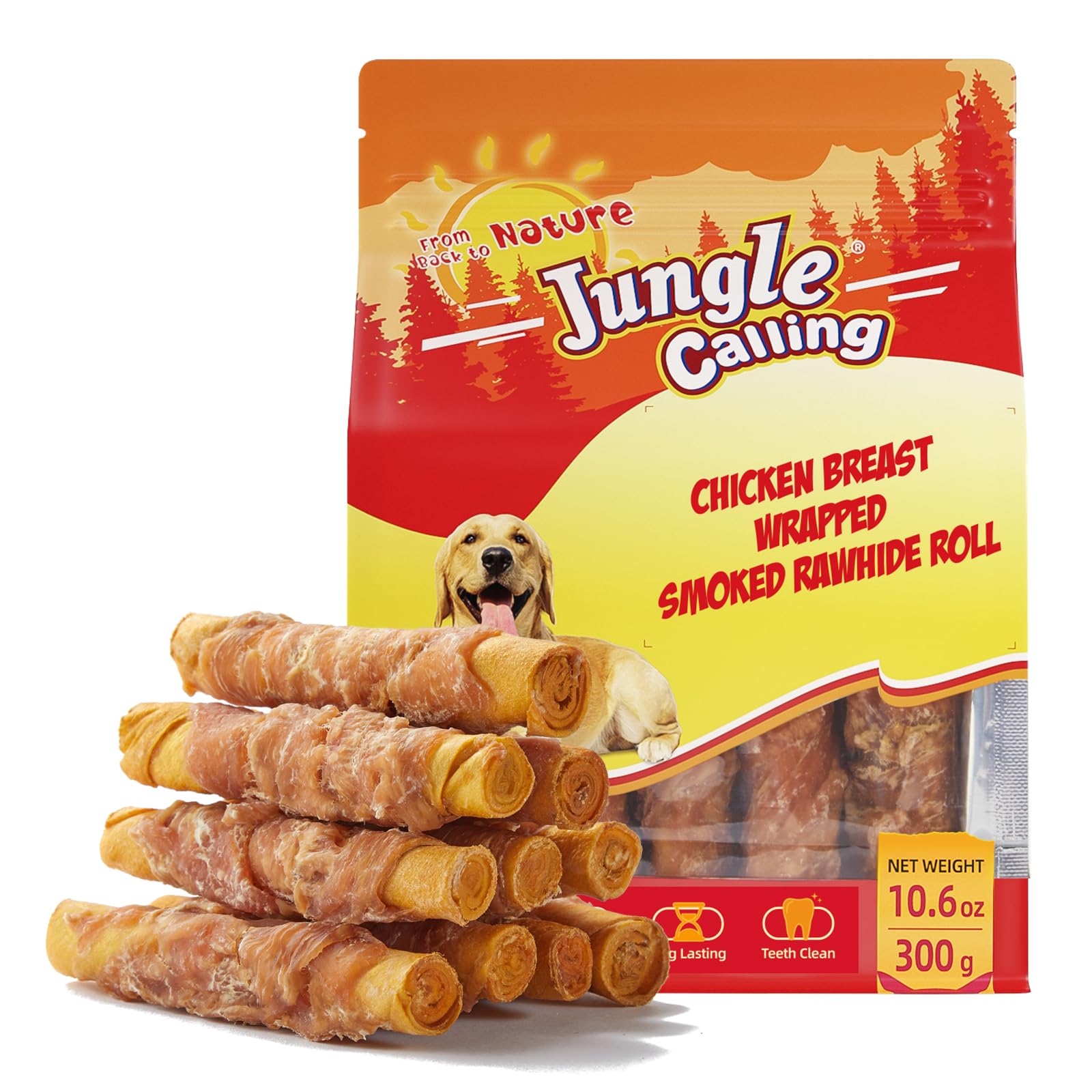 Jungle Calling rollos piel cruda envueltos en pollo ahumado para perros.