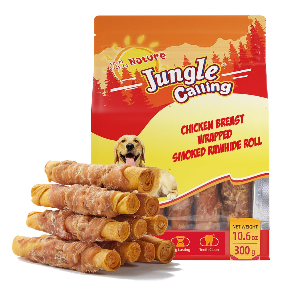 Jungle Calling rollos piel cruda envueltos en pollo ahumado para perros.