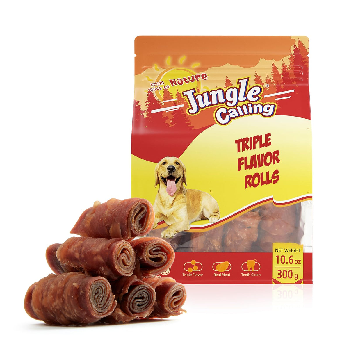 Jungle Calling rollos sabor pollo, alto en proteína para perros activos.