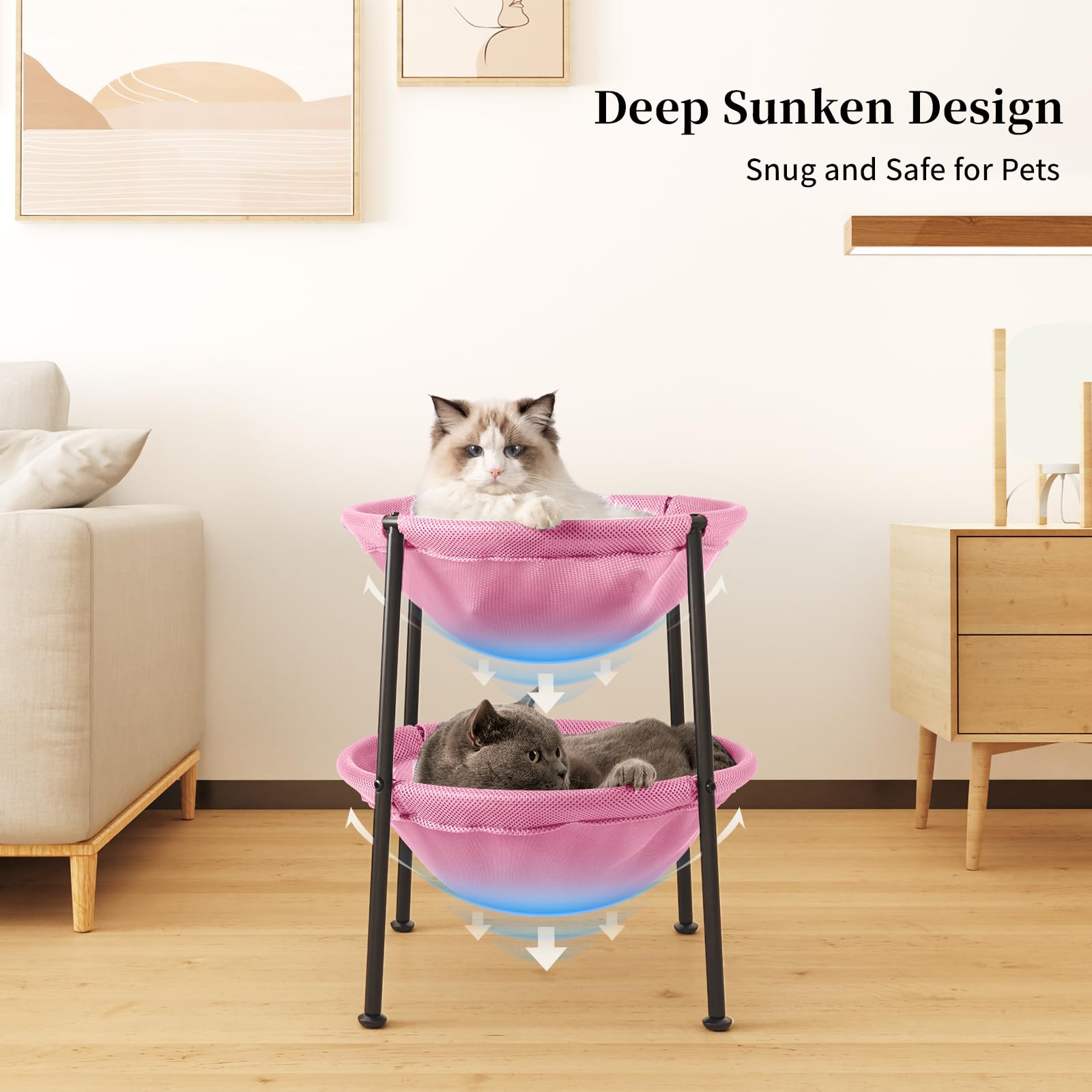 JUNSPOW cama-gatos-rosa-patas-anti-vuelco-ajustables: configuración segura y estable.