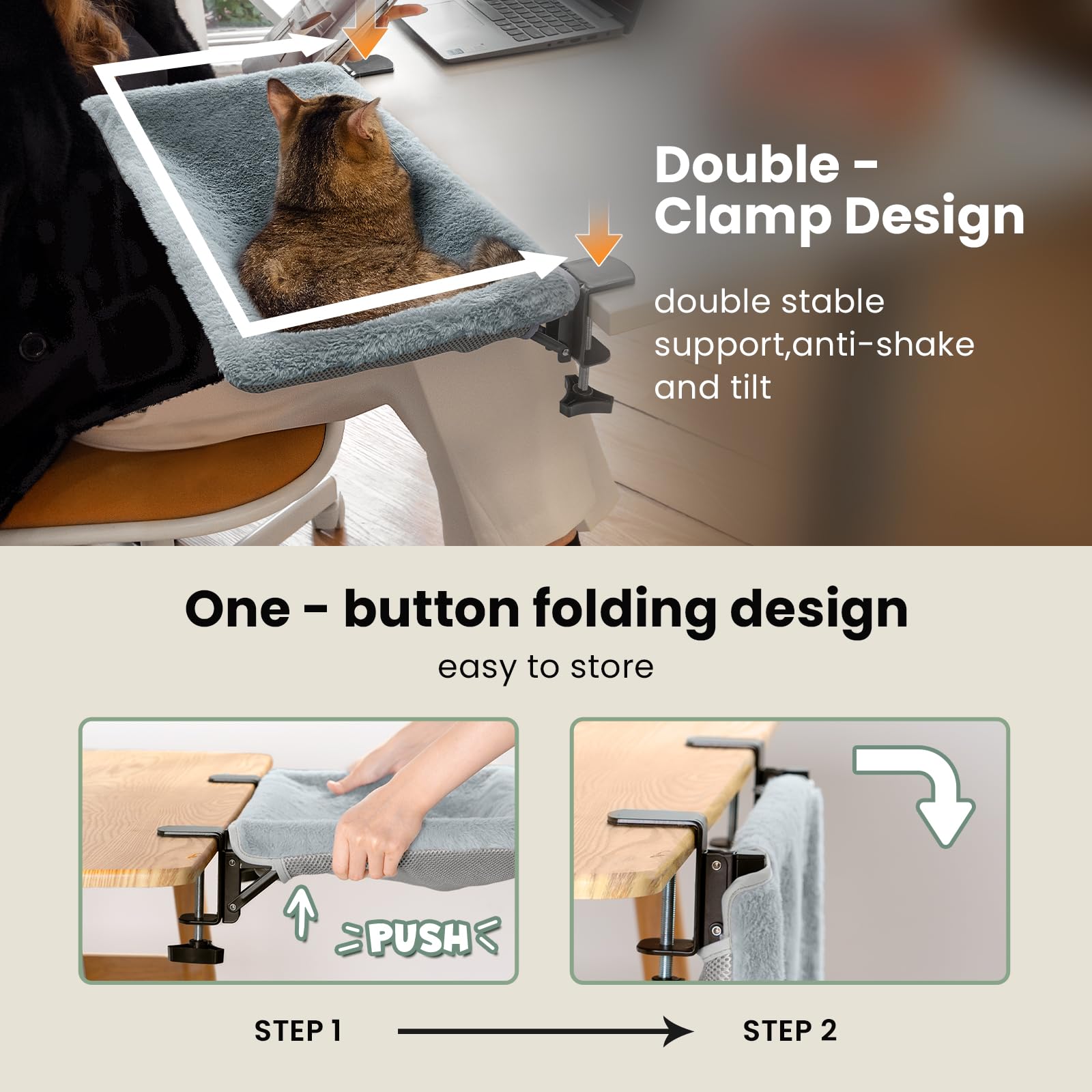 JUNSPOW cama para gato en escritorio con doble anclaje: mayor estabilidad y menos movimiento.