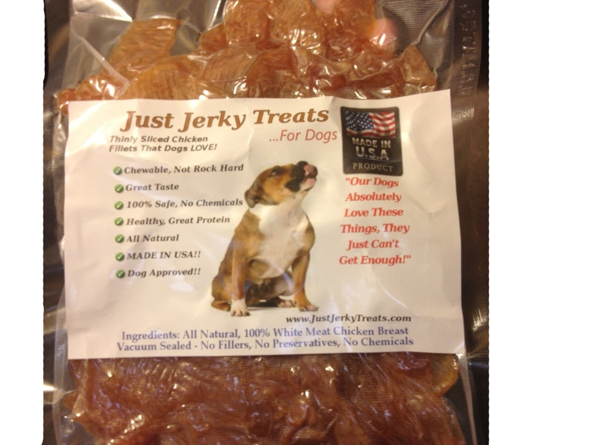 Just Jerky Treats jerky de pollo natural en tiras, premio sabroso para perros activos.