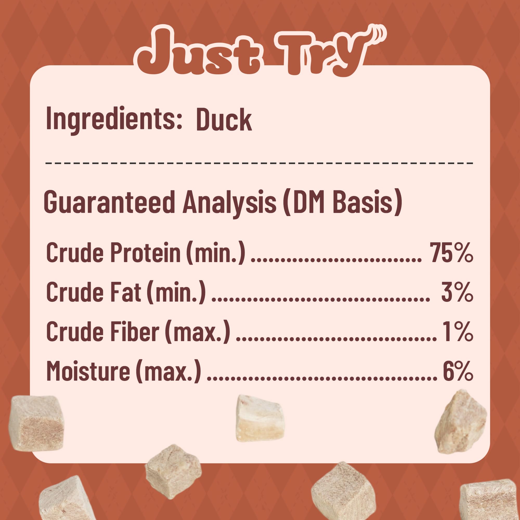 Just Try cubos de pato con bajo contenido de grasa para control de peso.
