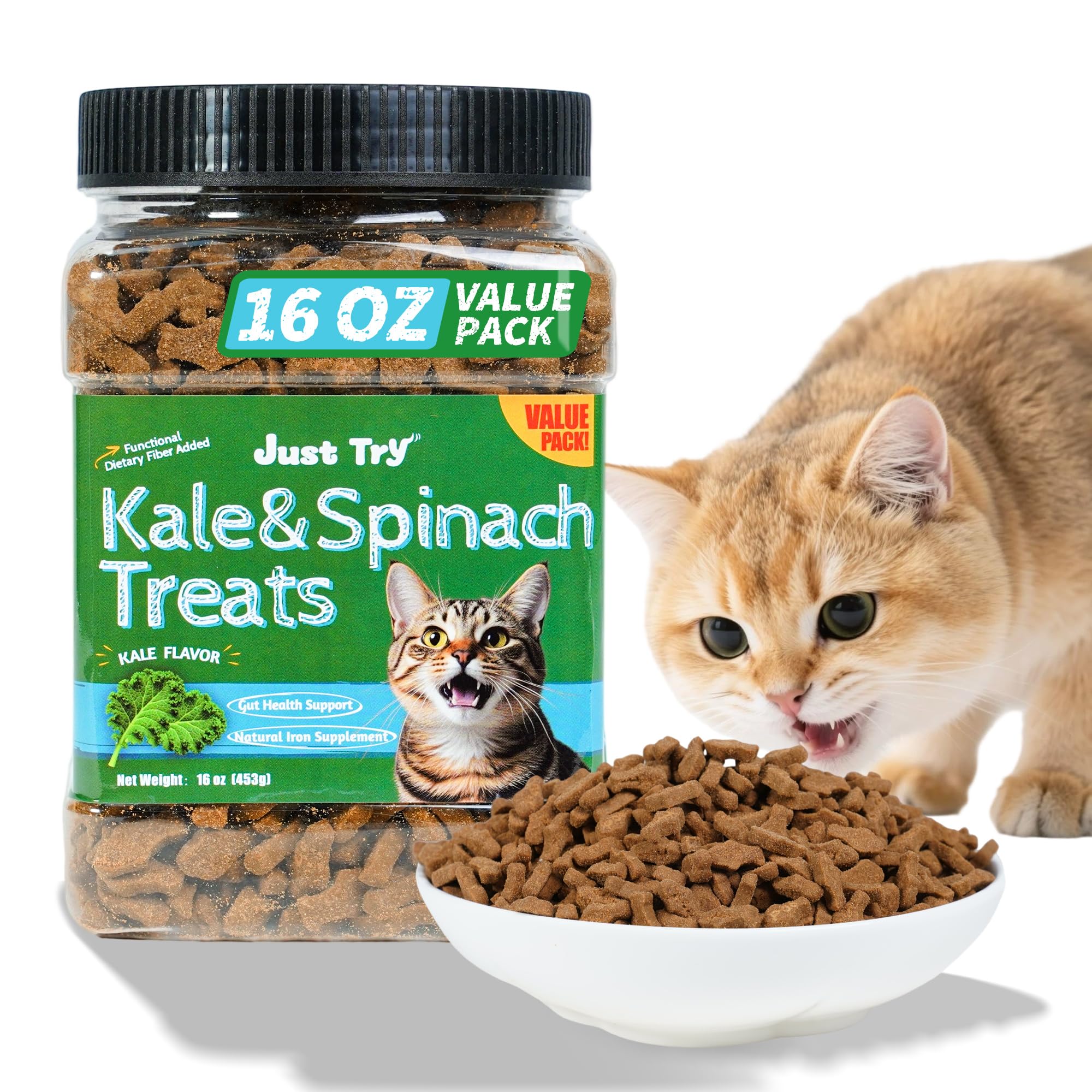Just Try empaque de tratitos para gato con kale y espinacas, snack saludable que apoya la digestión.