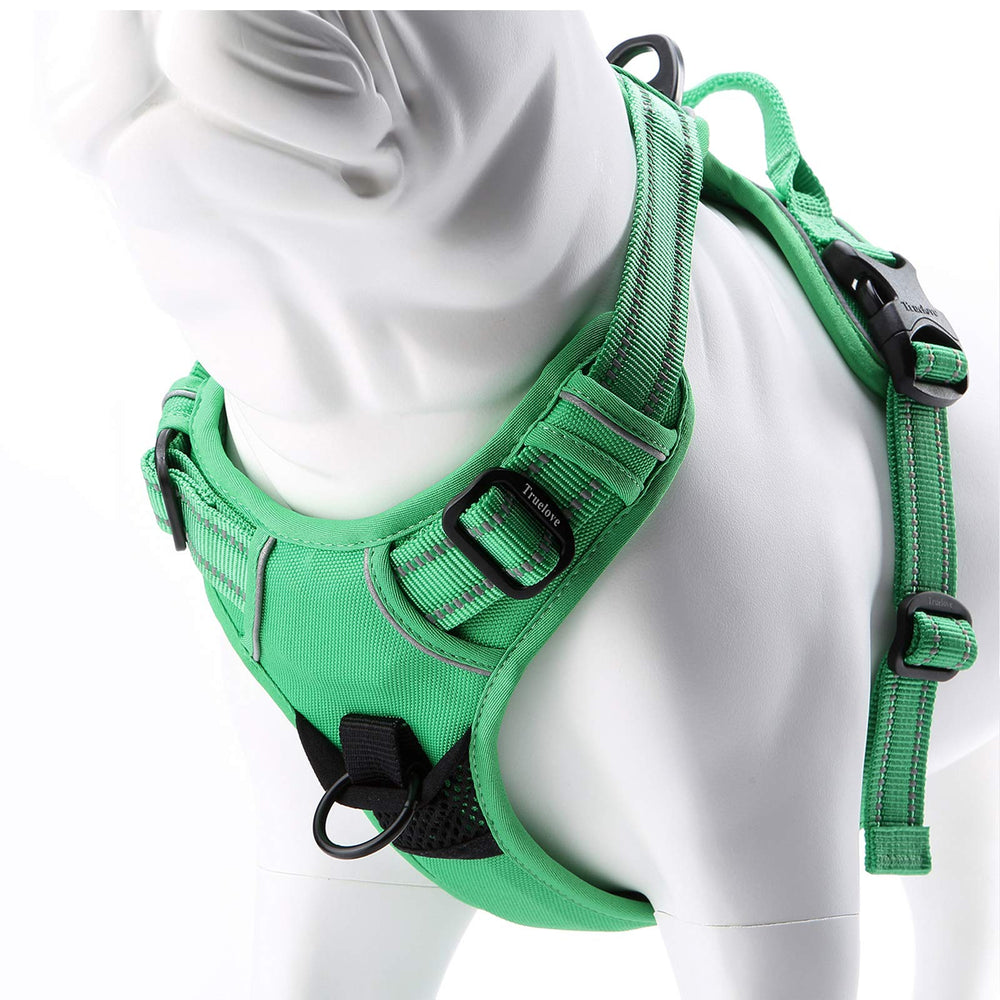 Arnés JUXZH Truelove en verde hierba, vista frontal para ajuste cómodo.