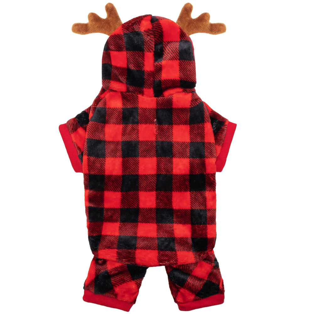 Pijama JVVGPET para perro con capucha y cuernos, ideal para fotos festivas.
