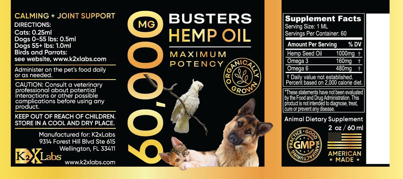 Bote doble de Buster, aceite de cáñamo orgánico para mascotas en casa