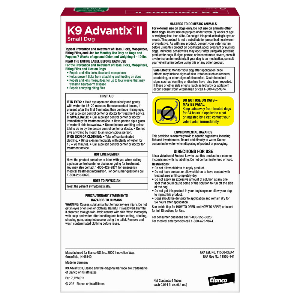 K9 Advantix II en envase de 6 dosis para perros de 4 a 10 libras.