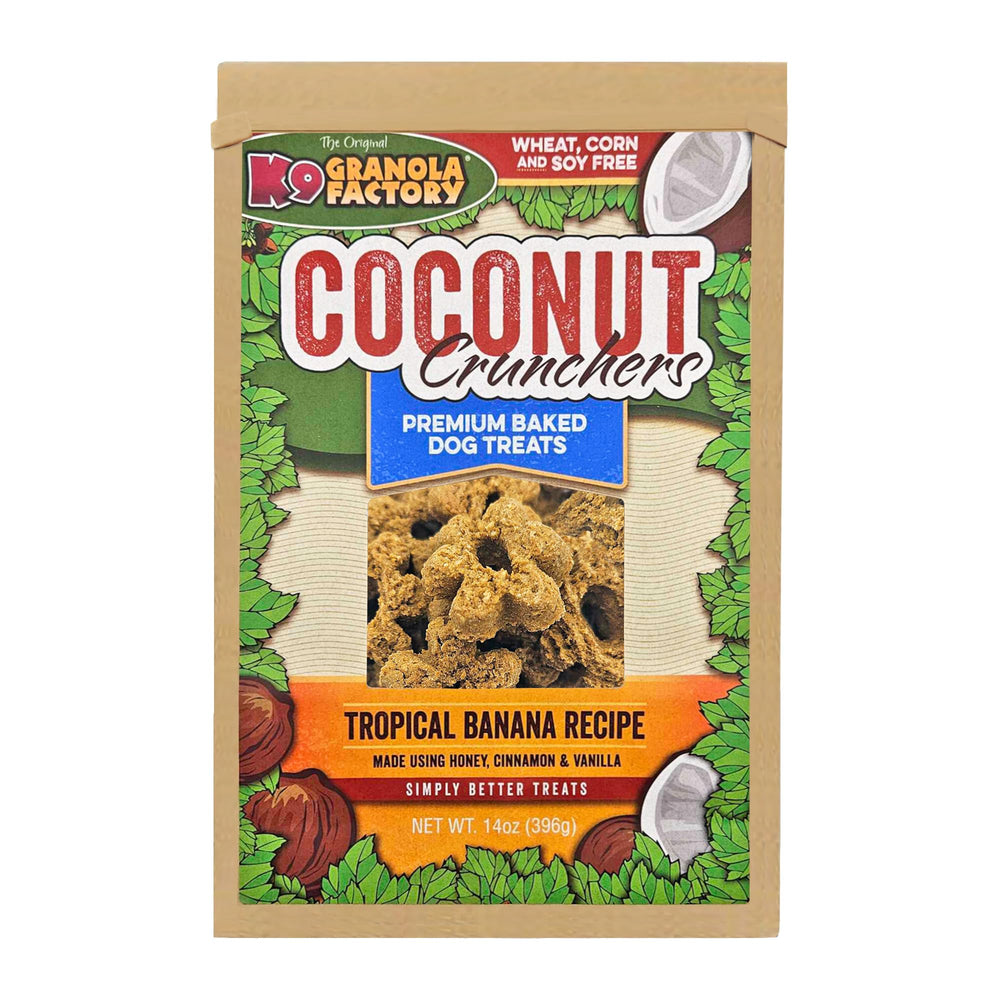 K9 Granola Factory crujientes de coco: paquete visible y textura atractiva para perros.