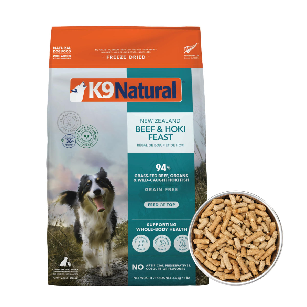 K9 Natural alimento deshidratado sin granos con empaque, ideal para dietas libres de cereales.