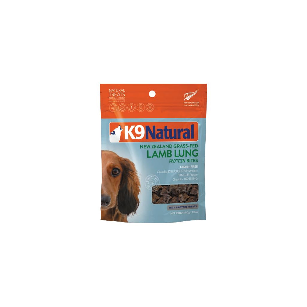 K9 Natural: bocado de pulmón de cordero, recompensa proteica para perros.