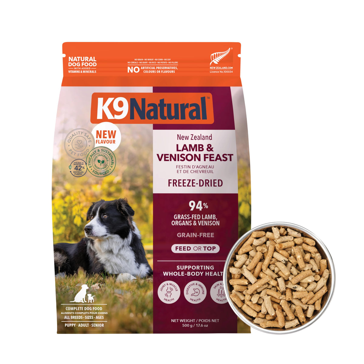 K9 Natural cordero-ciervo seco: fuente proteica para músculos y pelaje saludable.