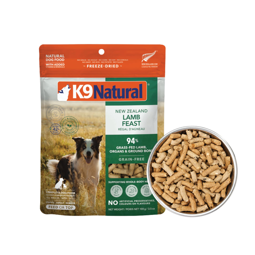 K9 Natural cordero liofilizado en bolsa, ideal para alimentación diaria.