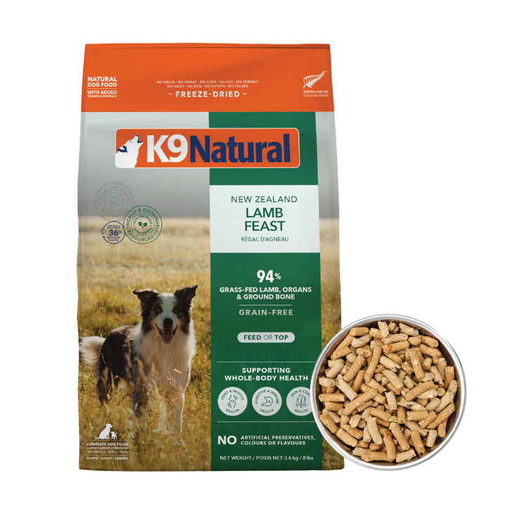K9 Natural cordero liofilizado para perros, ideal para mezclar con comida seca.