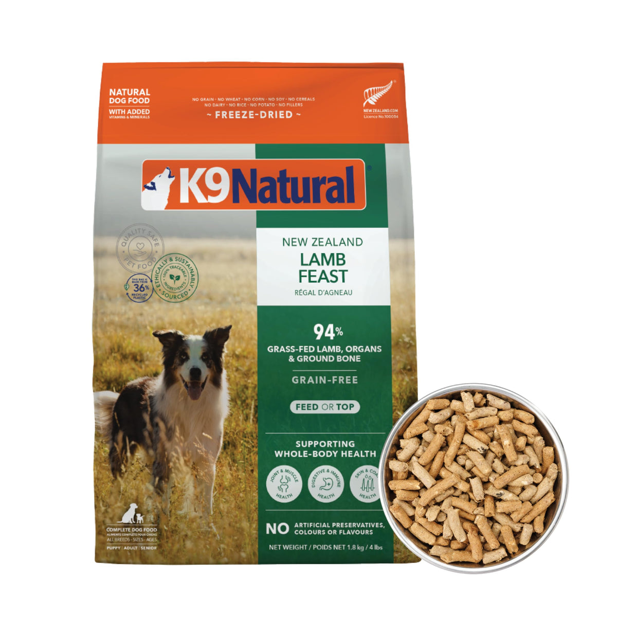 K9 Natural cordero liofilizado en saco 4lb, práctico y cómodo.