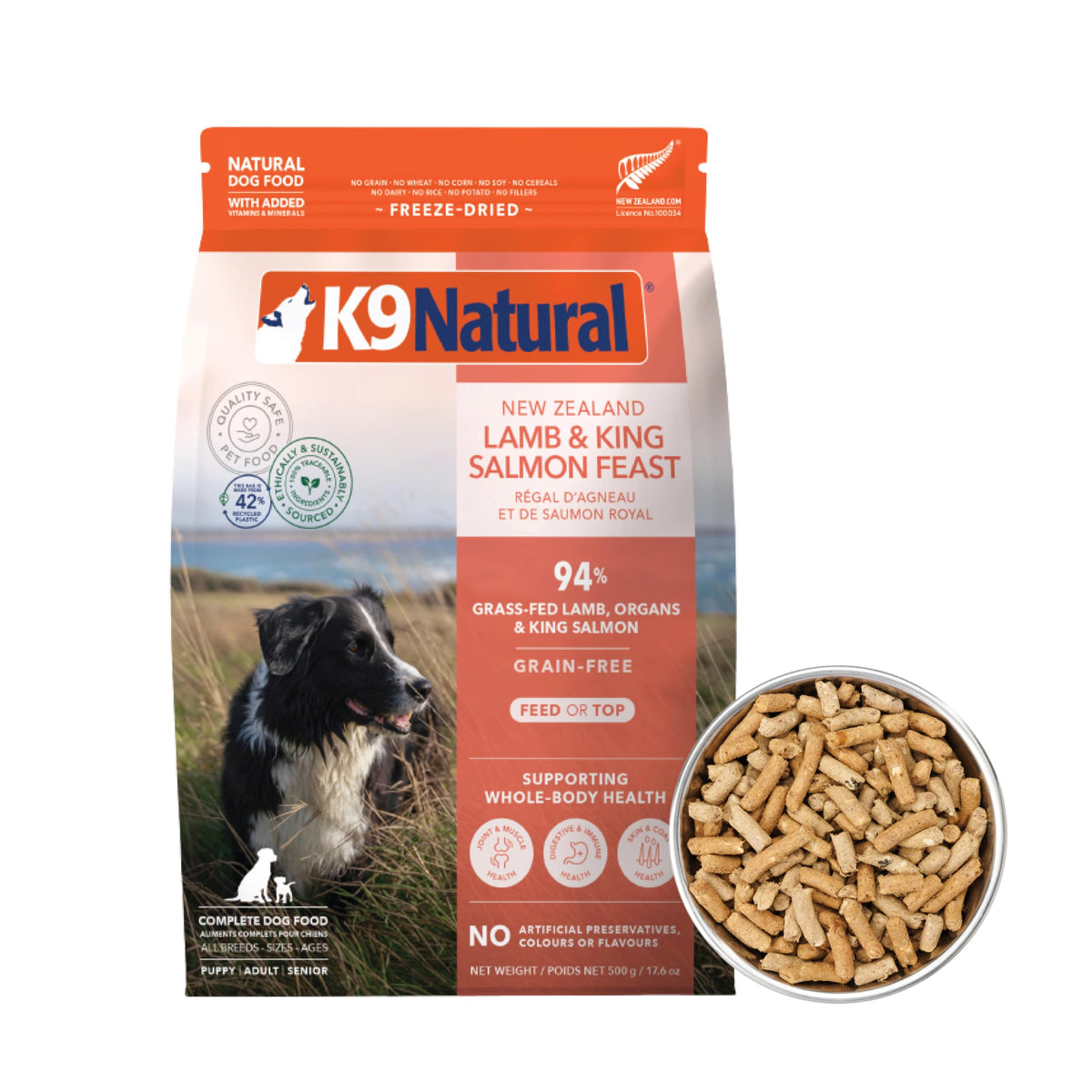 K9 Natural deshidratado cordero y salmón, bolsa de 500 g para almacenamiento cómodo.