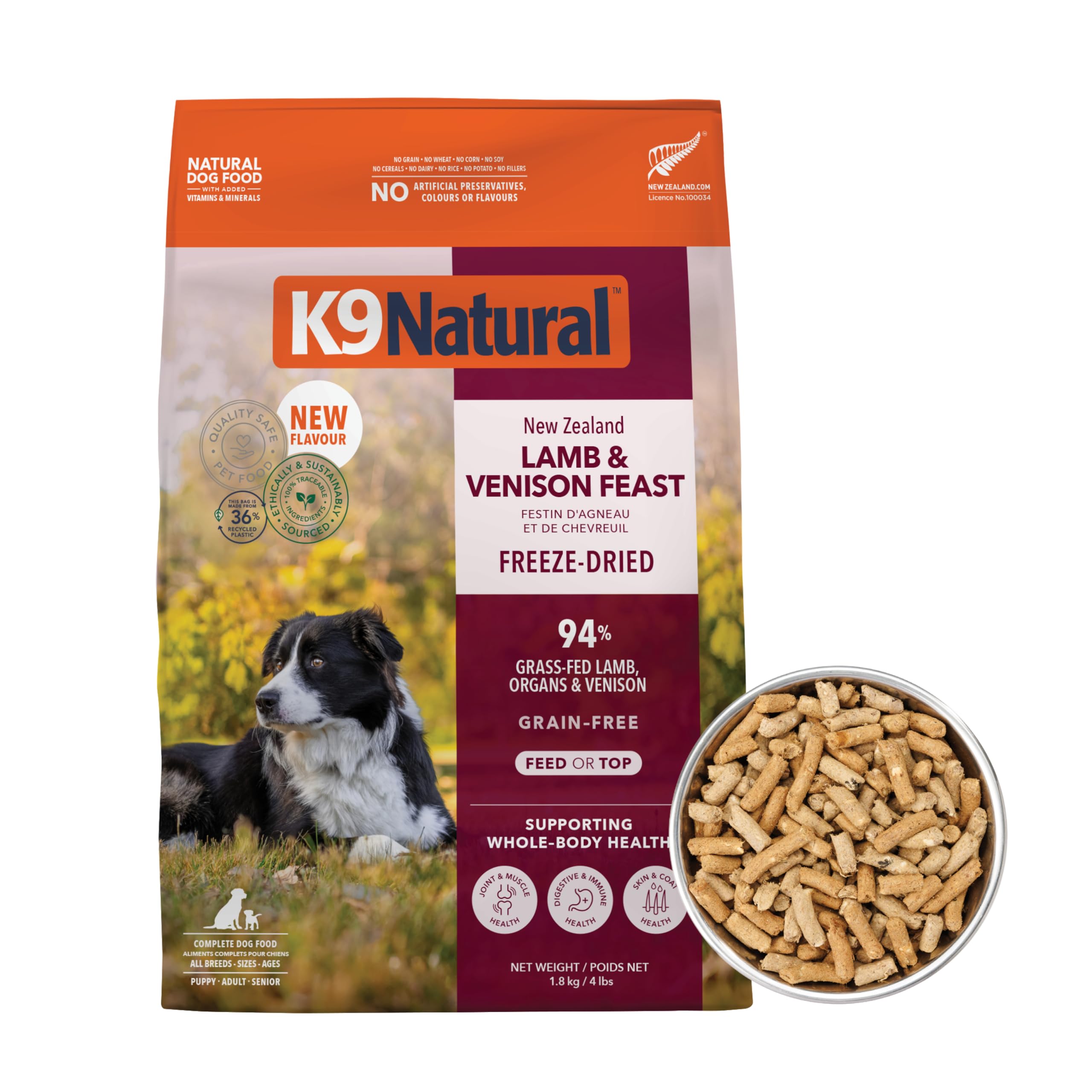 K9 Natural deshidratado cordero y venado en bolsa, uso diario sin descongelar.