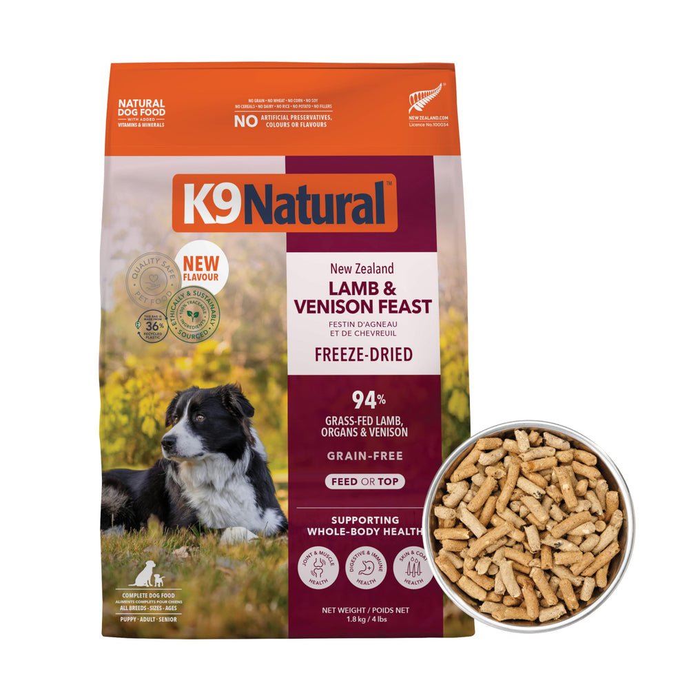 K9 Natural deshidratado cordero y venado en bolsa, uso diario sin descongelar.