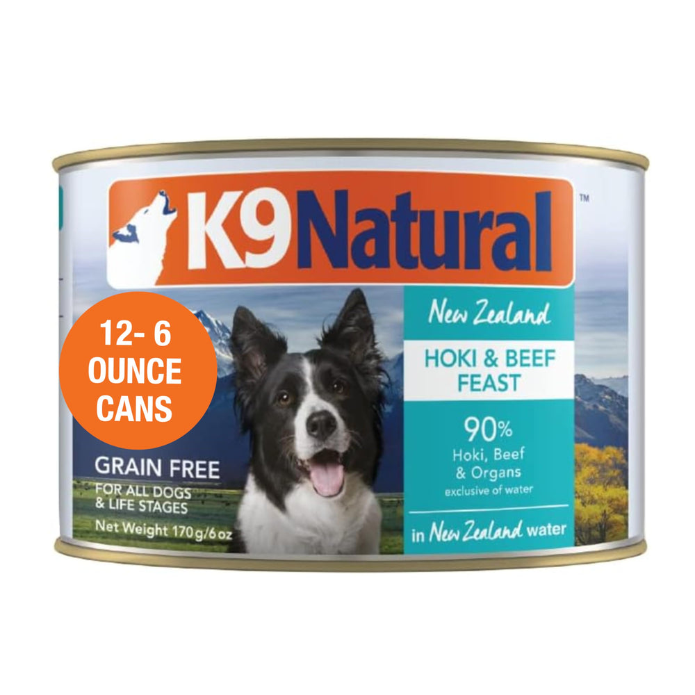 K9 Natural lata de comida humeda con pate hoki y ternera, ideal para perros de todas las edades.