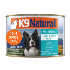 K9 Natural lata de comida humeda con pate hoki y ternera, ideal para perros de todas las edades.
