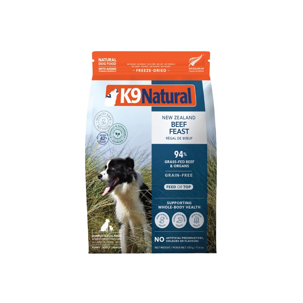 K9 Natural res liofilizado sin granos, empaque práctico para porciones diarias.