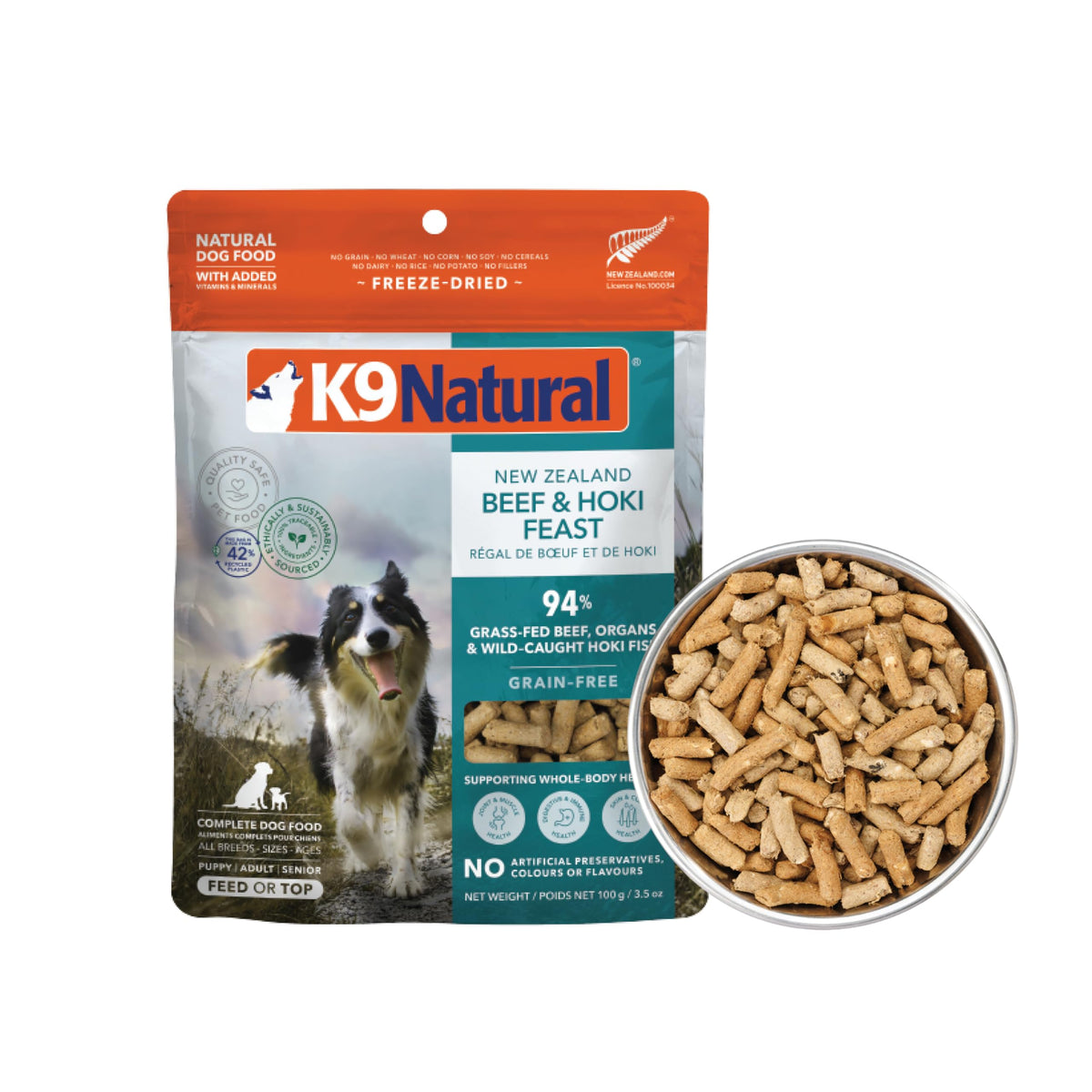 K9 Natural Topper sin granos con hoki y res, liofilizado para mayor sabor.