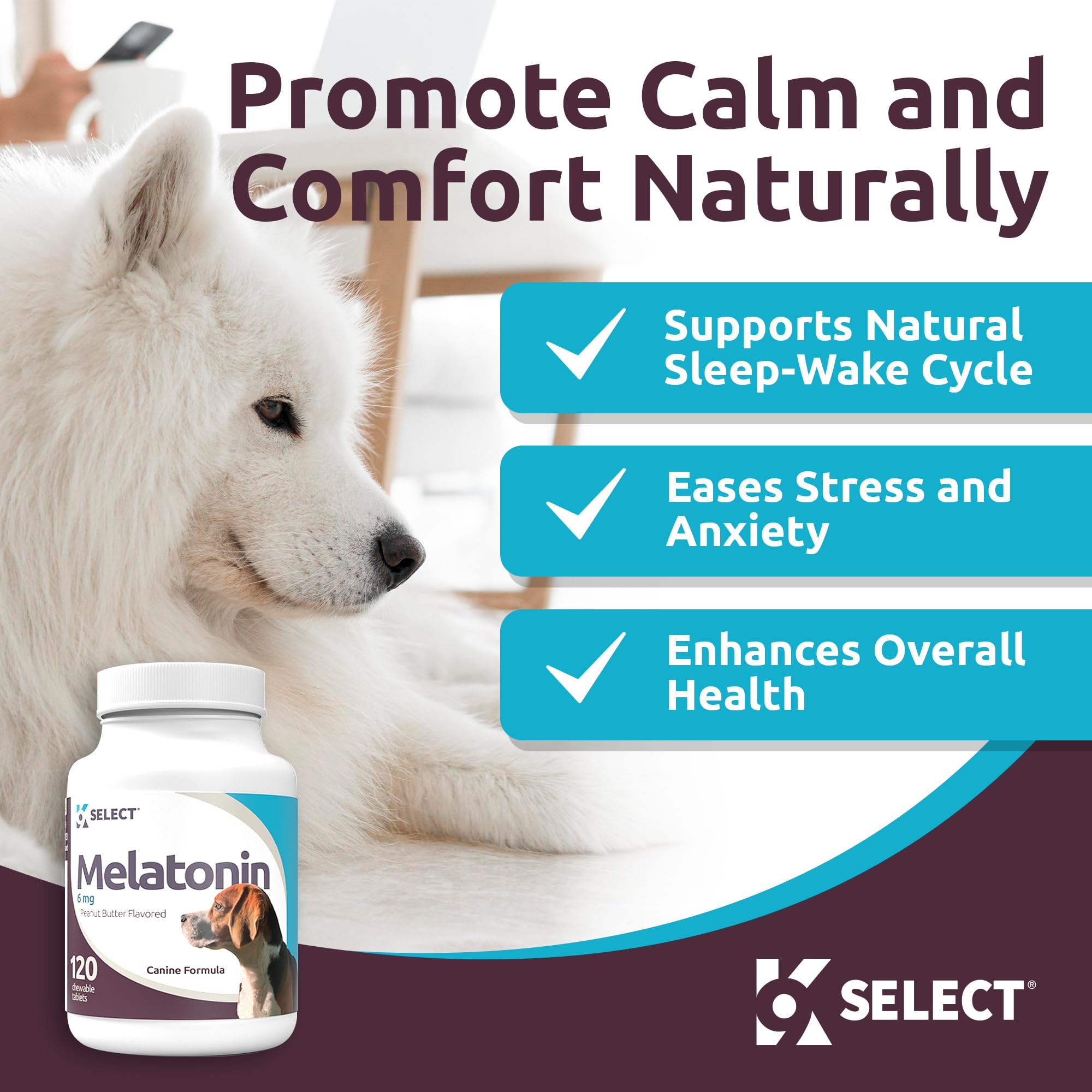 Pastillas de melatonina 6 mg de K9 Select para dormir mejor en perros grandes.