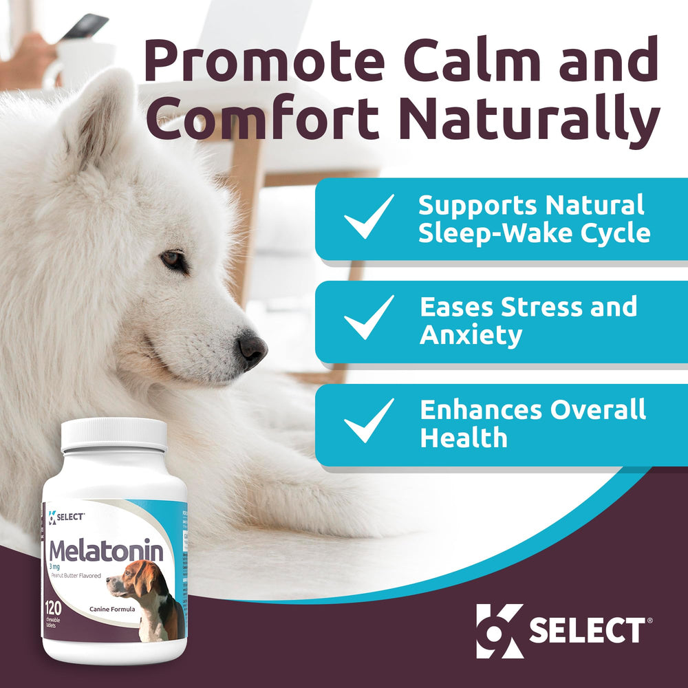Frasco de K9 Select melatonina con 120 tabletas para dormir mejor.