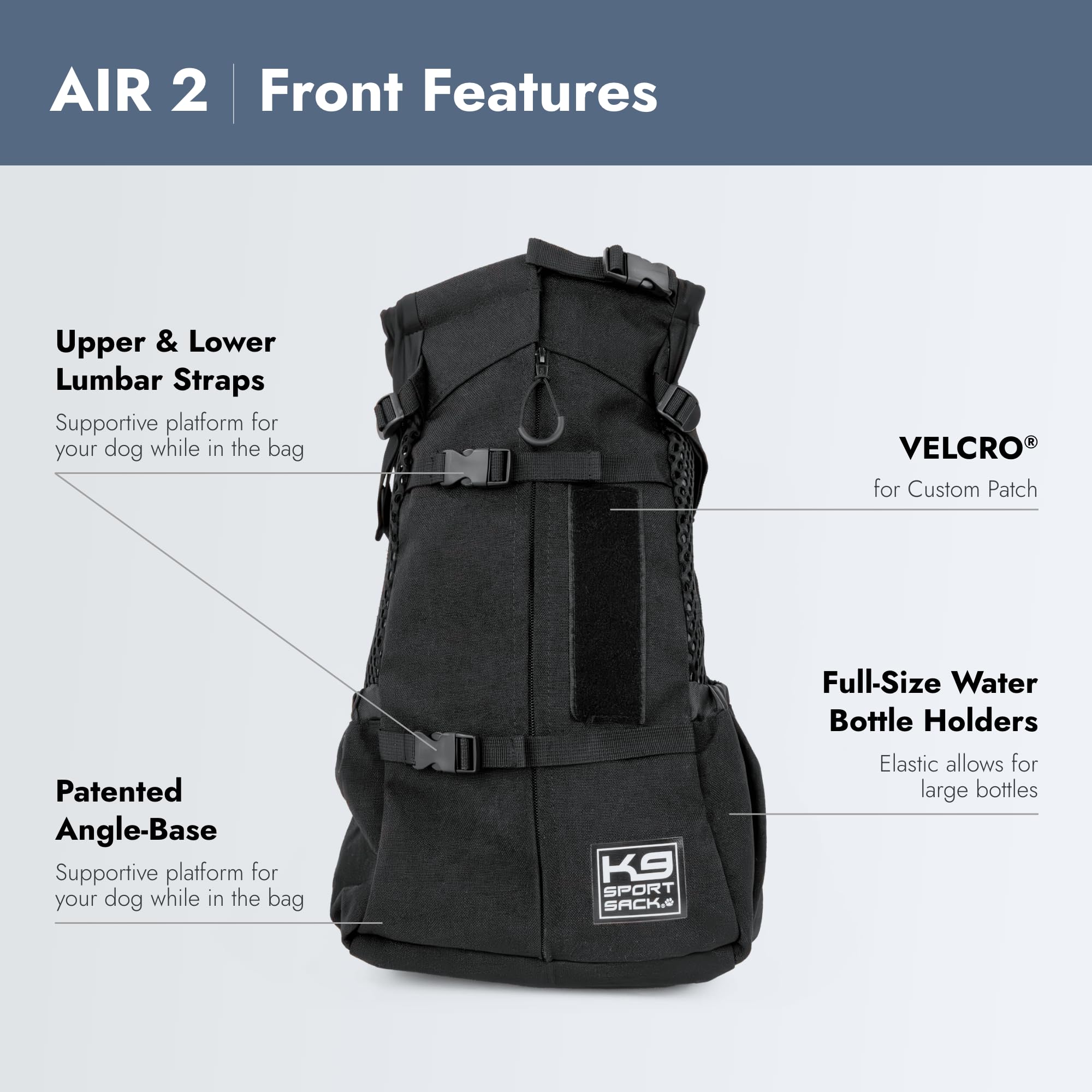 K9 Sport Sack Air 2 con bolsillos laterales ajustables para almacenamiento práctico.