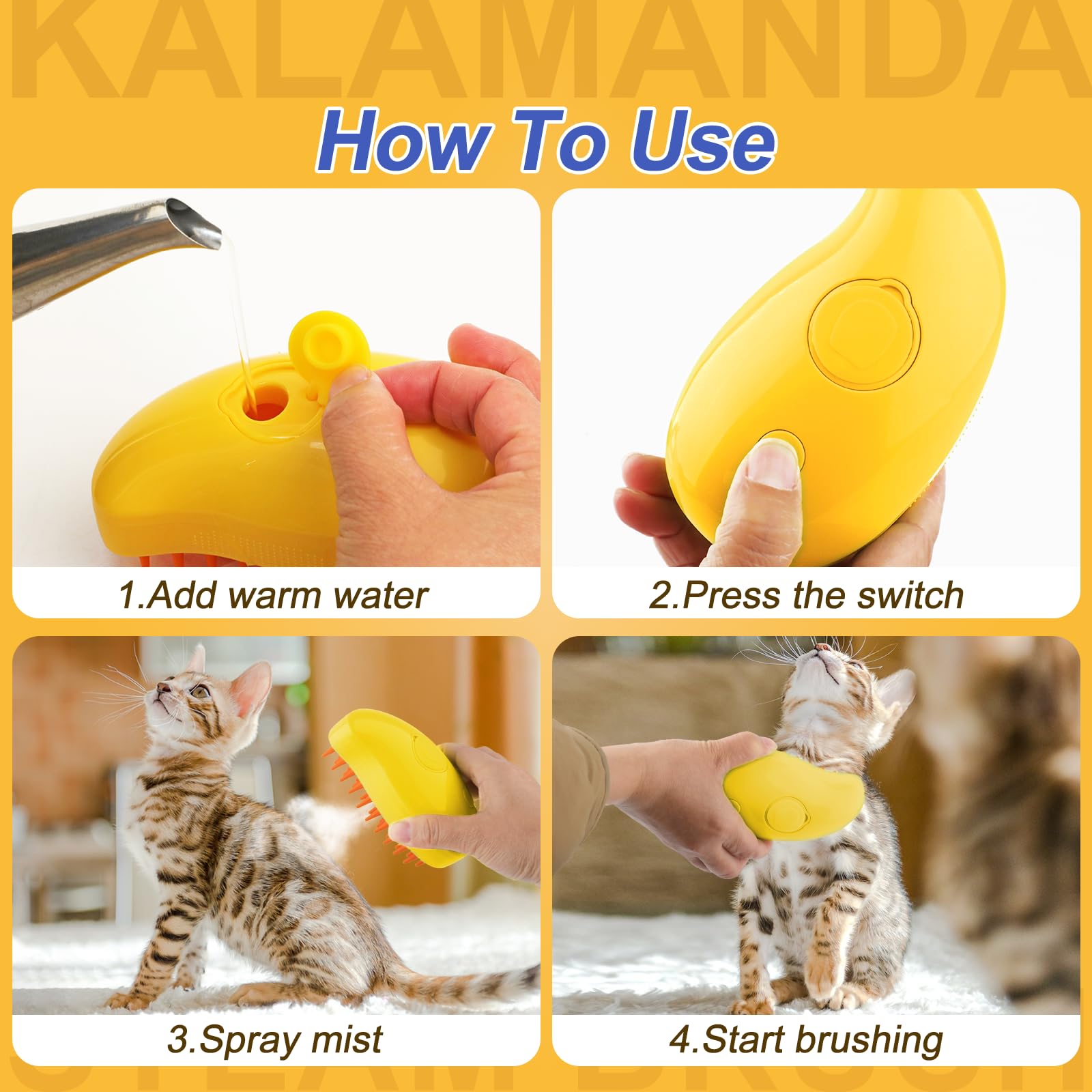 KALAMANDA gato en acción cepillado, demuestra comodidad y control.