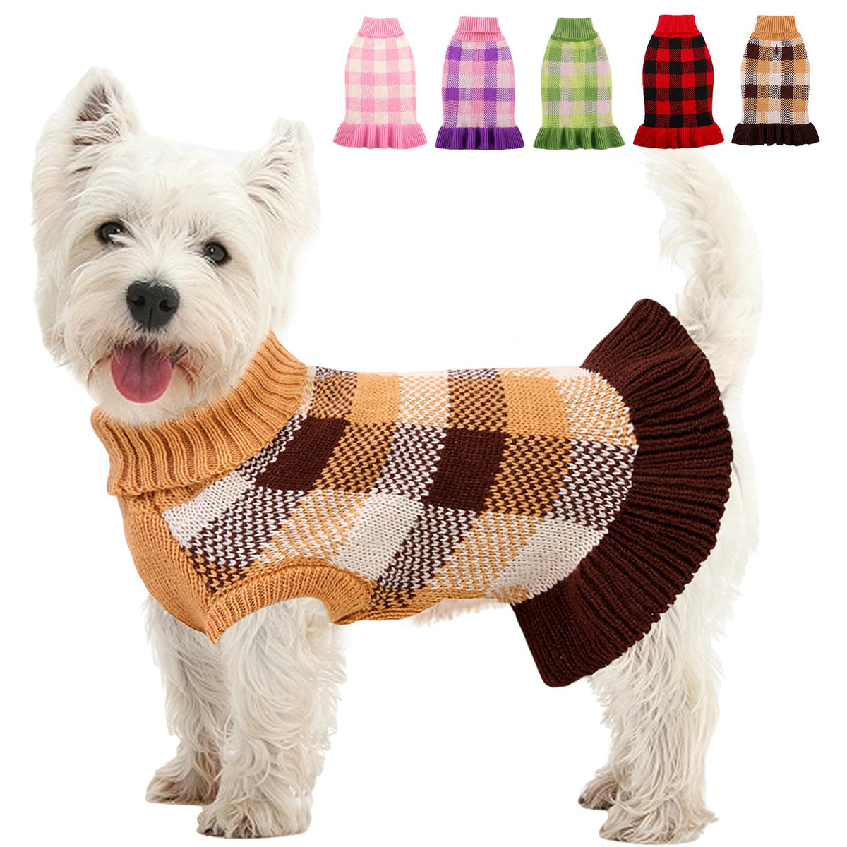KAMA BRIDAL vestido-suéter para perro plaid cafe cuello tortuga mantiene caliente