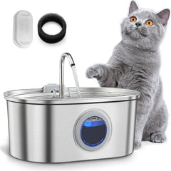 KANCHOU fuente en acero inoxidable con ventana de nivel para gatos, facilita controlar el agua.