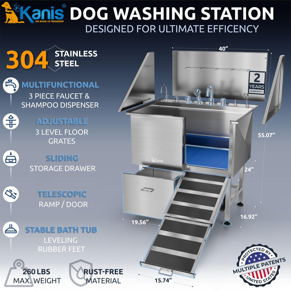 KANIS bañera para perros en acero 304 con drenaje y kit incluido.