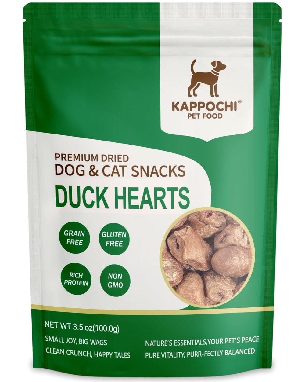 KAPPOCHI corazones de pato liofilizados en empaque, snack práctico para entrenar.