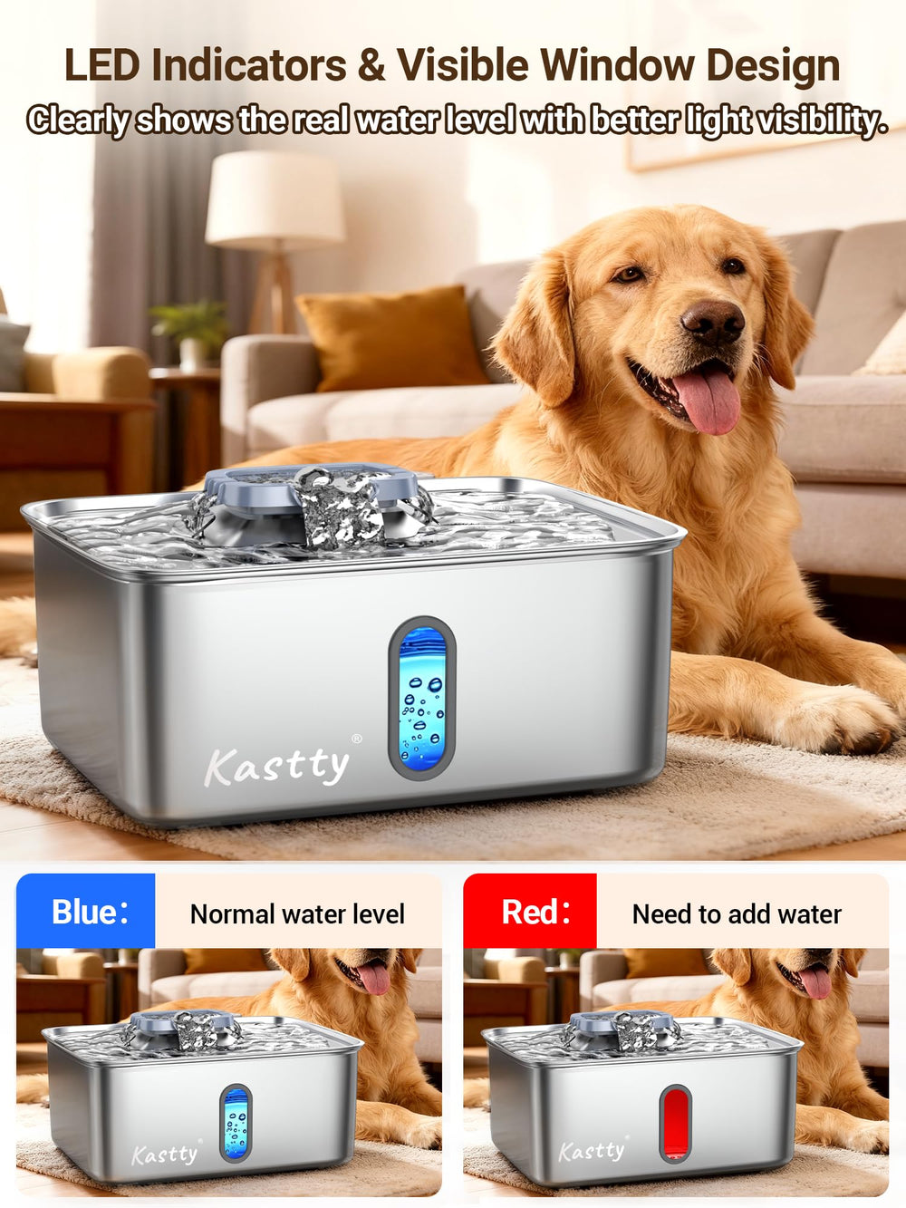 Ventana de nivel de agua y luz LED en Kastty para revisión nocturna.