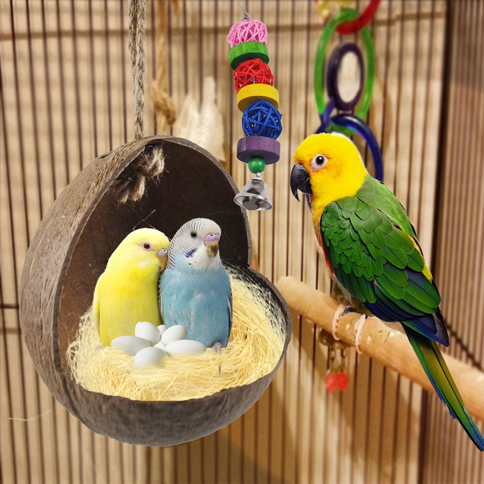 Casita de coco para jaula Kathson, refugio natural para aves pequeñas.