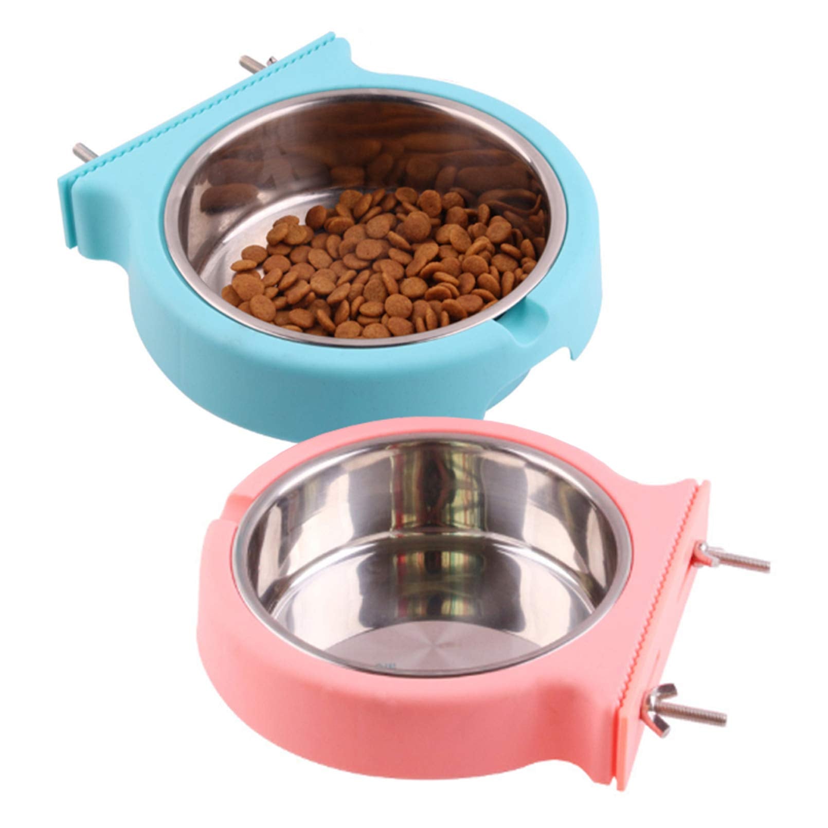 kathson comedero jaula colgante de acero inoxidable, doble cuenco para alimento y agua.