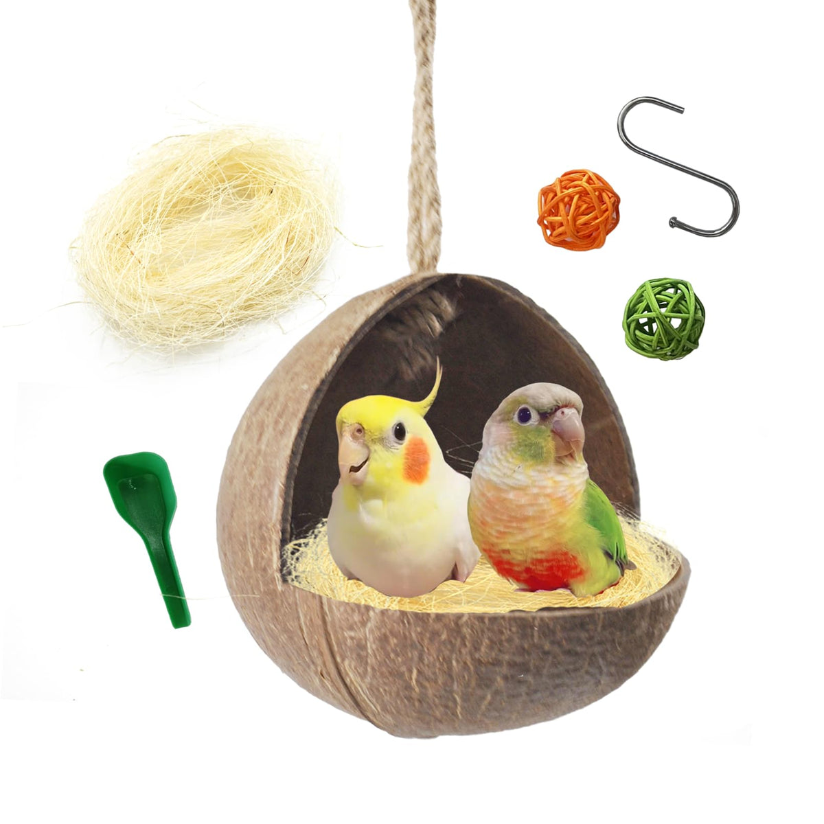 Nido de coco colgante Kathson para aves, descanso seguro y natural.