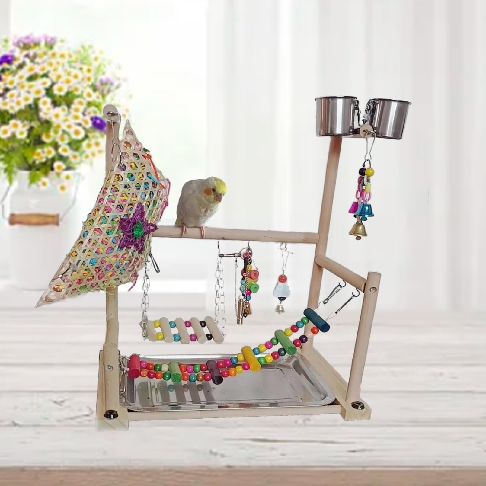 Kathson parque-juego-aves-perchas-multiples, facilita agarres variados para aves.