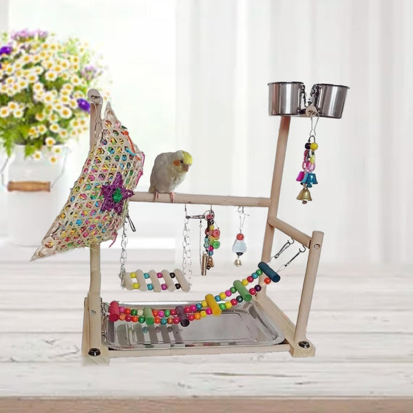 Kathson parque-juego-aves-perchas-multiples, facilita agarres variados para aves.