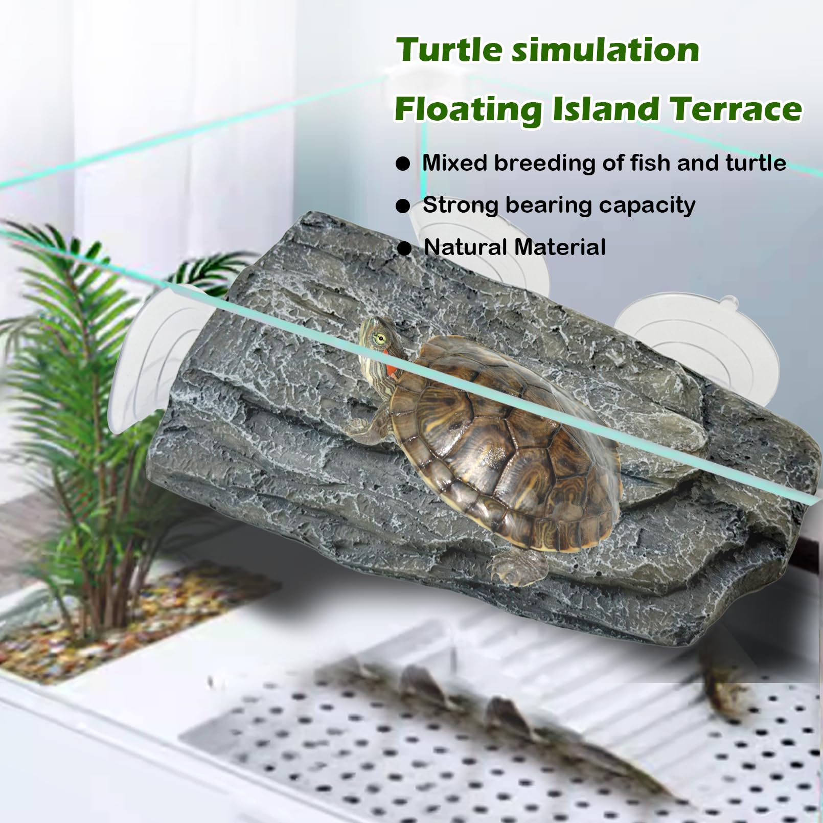 Roca flotante kathson para tortuga en acuario, decoración natural y funcional.