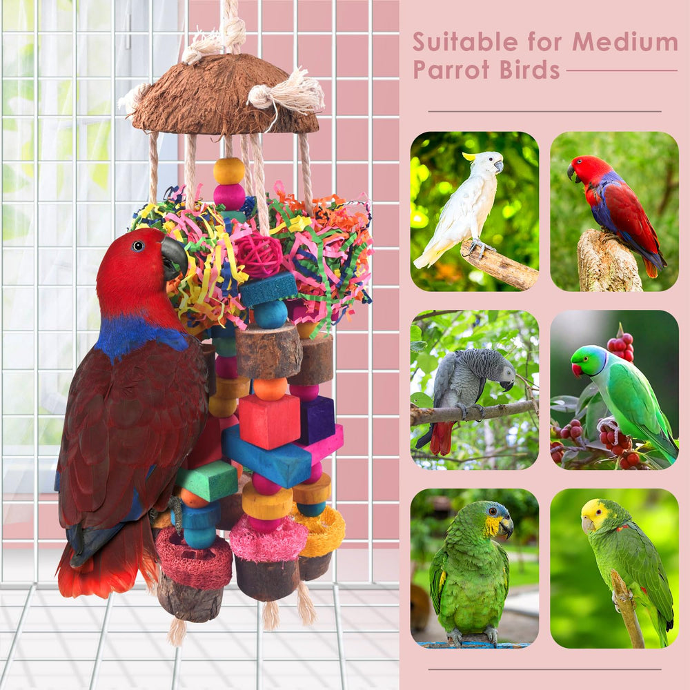 Juguete multicolor Katumo para loros, anima la exploración.