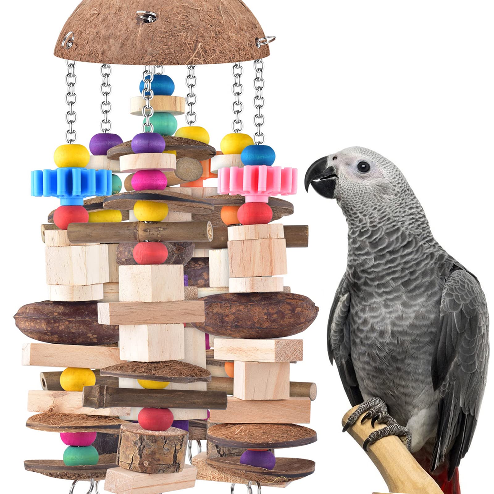 Juguete KATUMO para loro gris africano en madera para masticar y explorar.