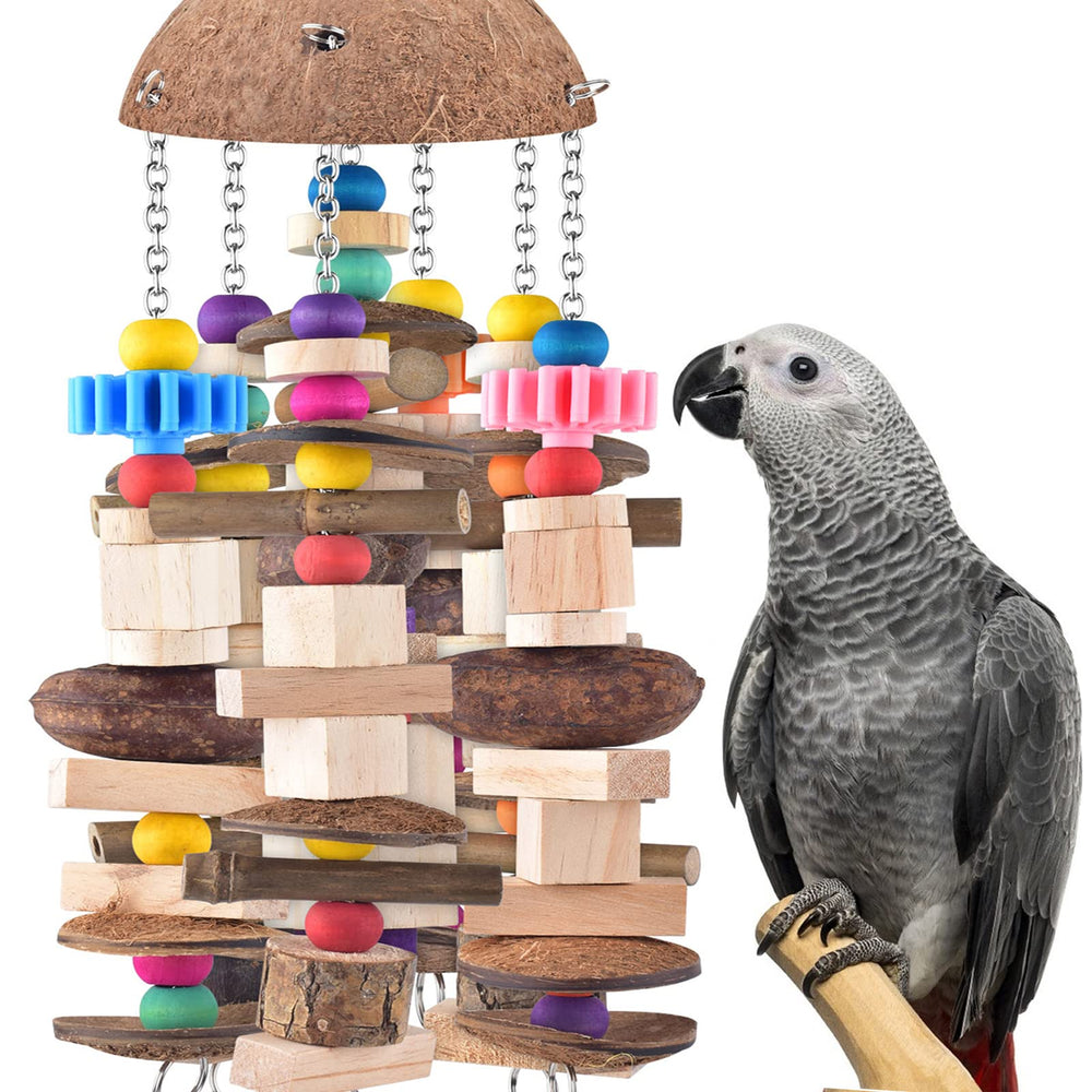 Juguete KATUMO para loro gris africano en madera para masticar y explorar.