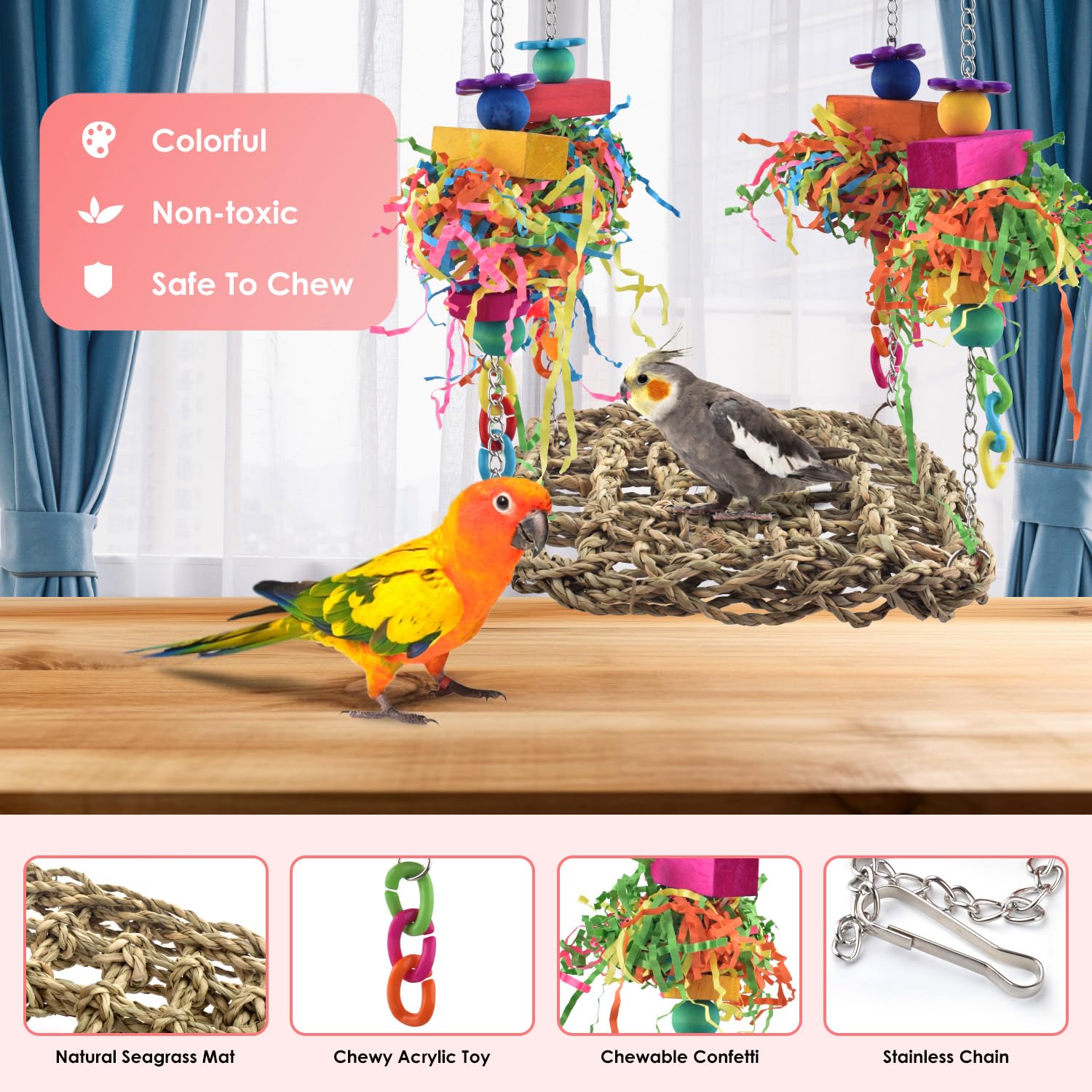 KATUMO juguetes coloridos para aves, estimulan masticación y exploración segura.