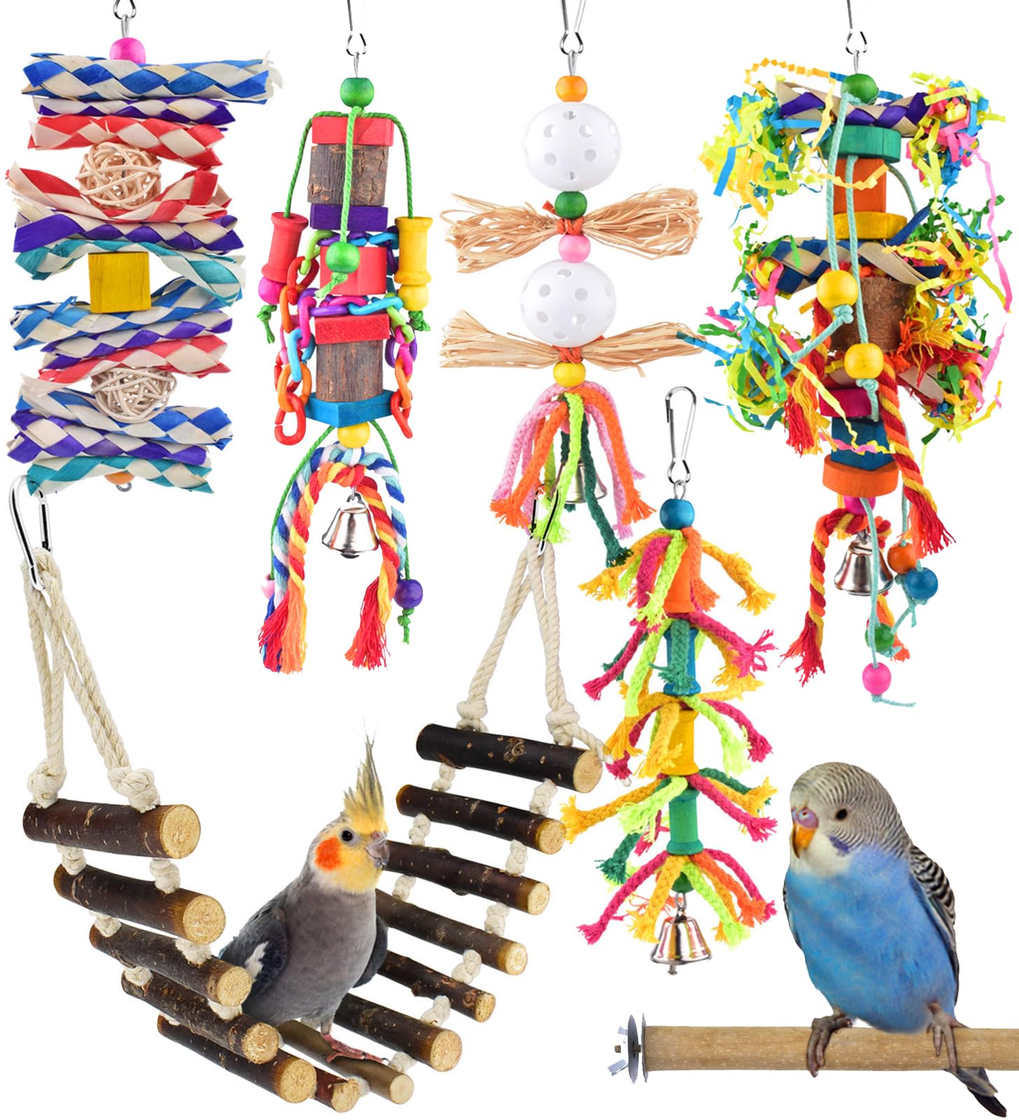 Katumo: juguetes para aves con escalera colgante, ideal para trepar y ejercitar alas.