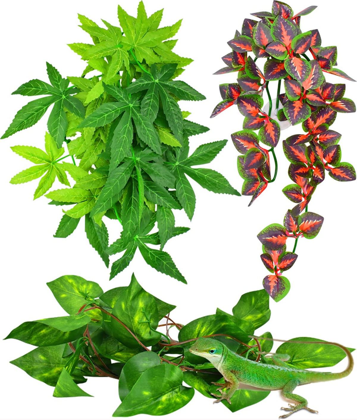 KATUMO plantas colgantes para reptiles con ventosa roja, decoración segura para terrario.