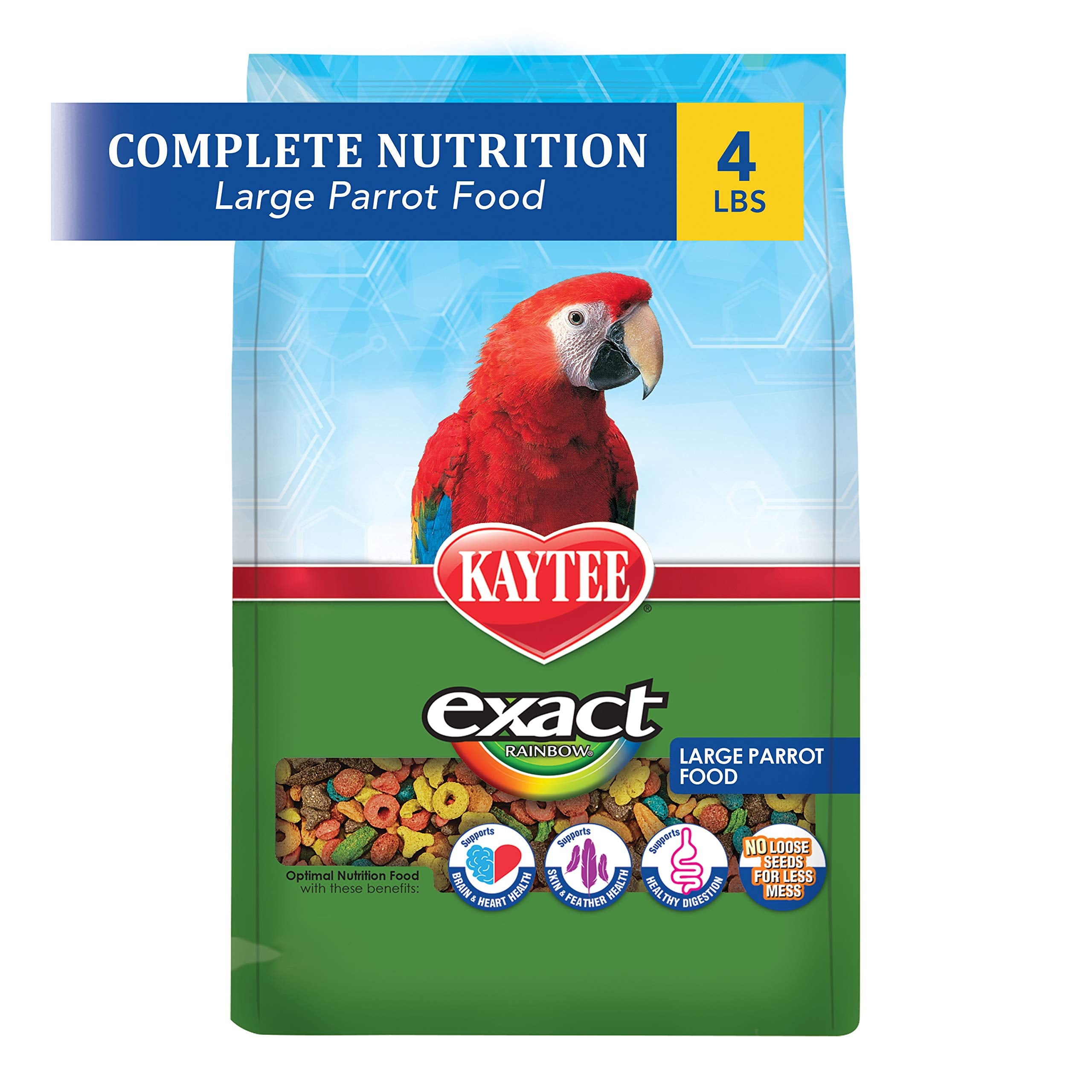 Kaytee arcoíris para loros grandes, nutrición extrudada que apoya plumaje brillante.