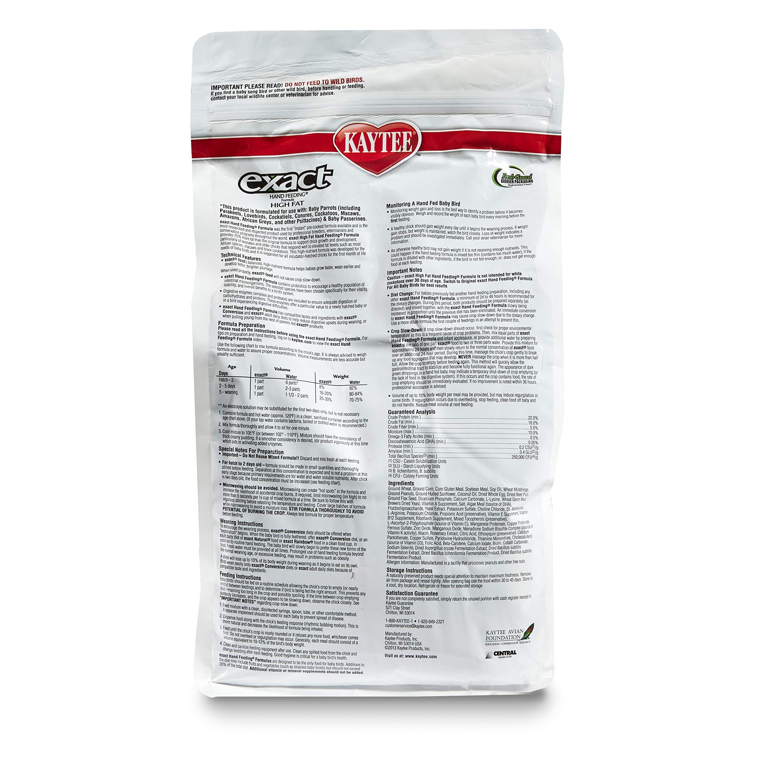 Kaytee Exact con probióticos para salud intestinal de aves.