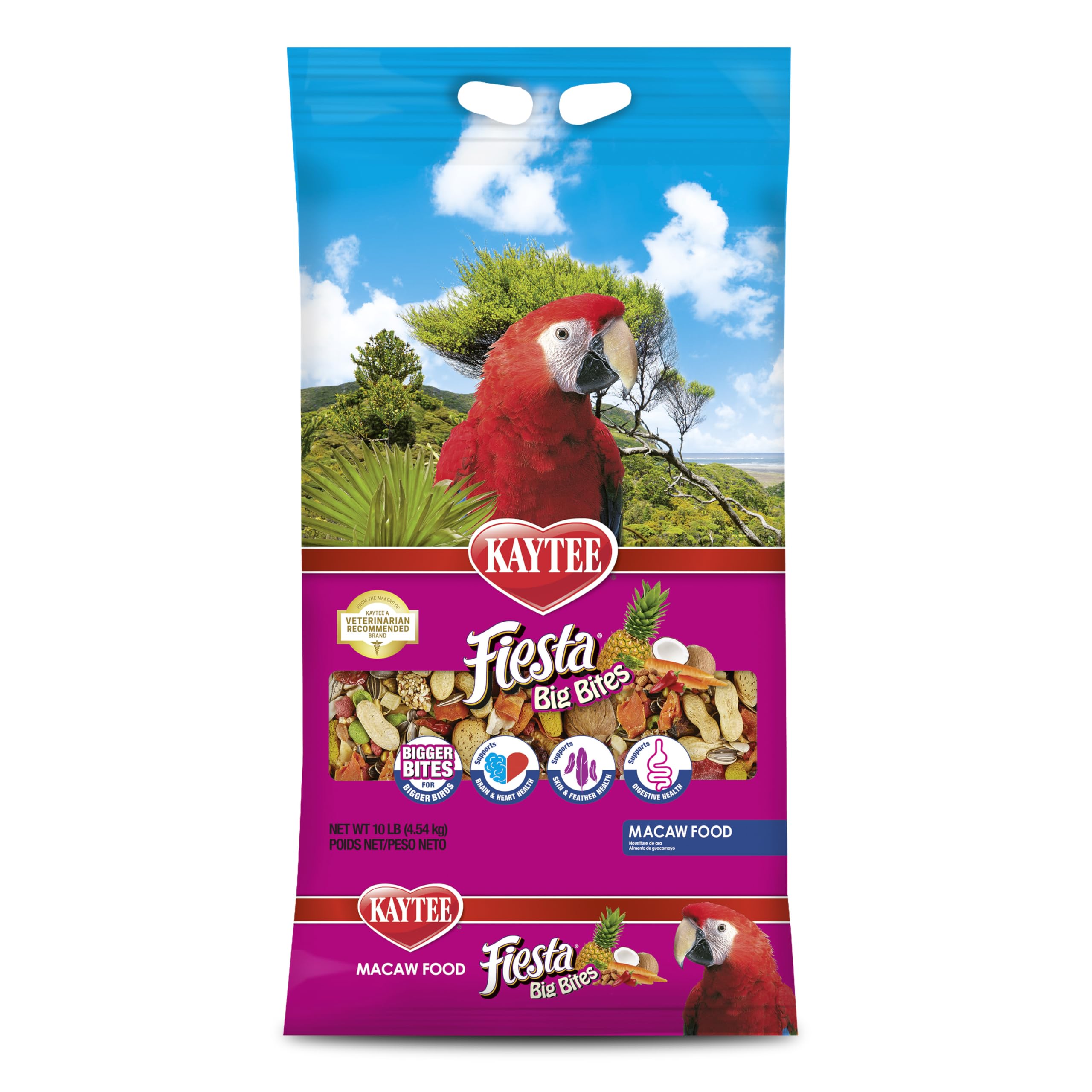 Kaytee Fiesta Big Bites Macaw envase y etiqueta clara para una alimentación diaria